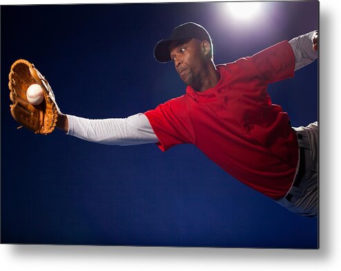 Young Men Metal Print featuring the photograph Baseball player lunging for ball by Sam Edwards