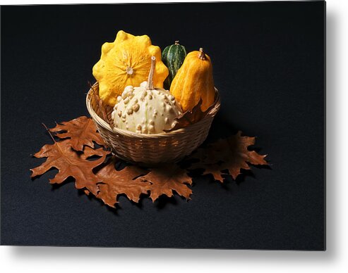 Gourd Metal Print featuring the photograph Basket of pumpkins by Jean-Marc PAYET