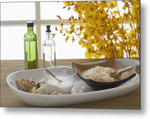Spa Metal Print featuring the photograph Bath salt, coconut milk and bottles at spa by Juan Silva