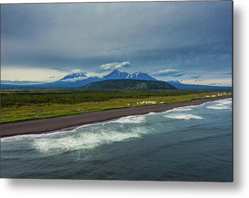 Beach Metal Print featuring the photograph Beach with black sand and volcano by Mikhail Kokhanchikov