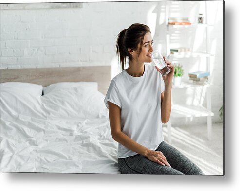 People Metal Print featuring the photograph Beautiful Happy Girl Holding Drinking Water From Glass In The Morning by LightFieldStudios