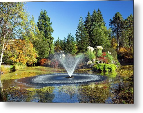 Alex Lyubar Metal Print featuring the photograph Beautiful pond with fountain by Alex Lyubar