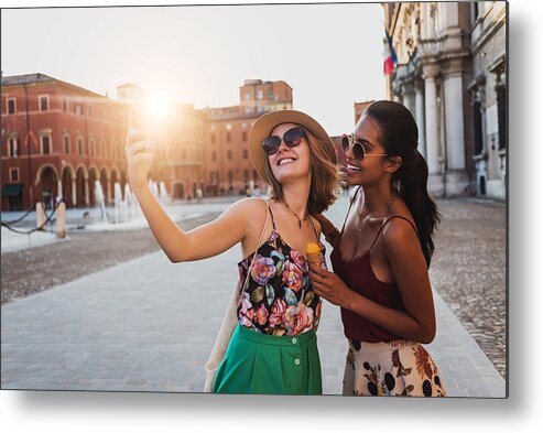 Recreational Pursuit Metal Print featuring the photograph Beautiful Two Young Women Taking A Selfie by DaniloAndjus