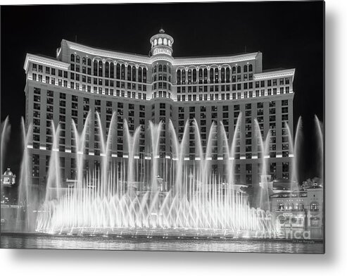 Bellagio Metal Print featuring the photograph Bellagio Fountains Center X Display Black and White by Aloha Art