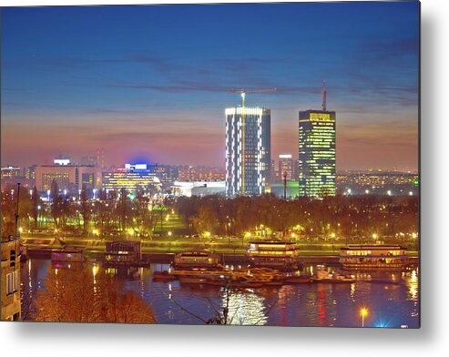 Belgrade Metal Print featuring the photograph Beograd skyscrapers and Sava river evening view by Brch Photography