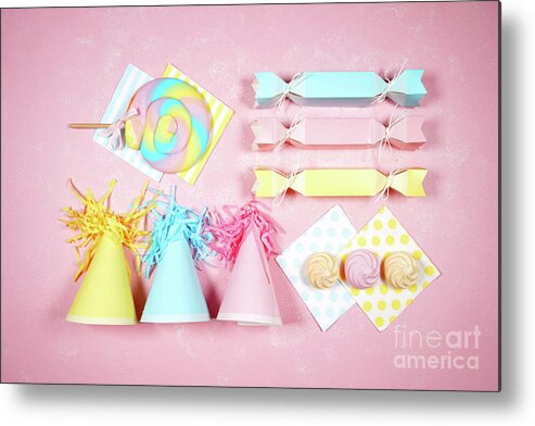 Birthday Metal Print featuring the photograph Birthday and party theme flatlay styled with party hats and bon bons. by Milleflore Images