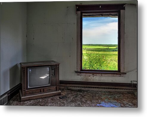 Solberg Metal Print featuring the photograph Black and White TV, Color Window - view of ND prairie from within living room of abandoned farm home by Peter Herman