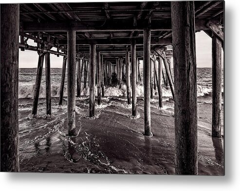 Best Maine Photos Metal Print featuring the photograph Black and White Under the Boardwalk - Old Orchard Beach in Maine by Mitchell R Grosky