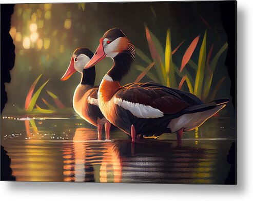 Black Bellied Whistling Ducks Art Metal Print featuring the painting BLACK BELLIED WHISTLING DUCKS in a Jack Kirby s by Asar Studios by Celestial Images
