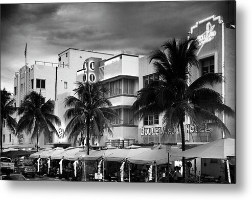 Florida Metal Print featuring the photograph Black Florida Series - Ocean Drive by night by Philippe HUGONNARD