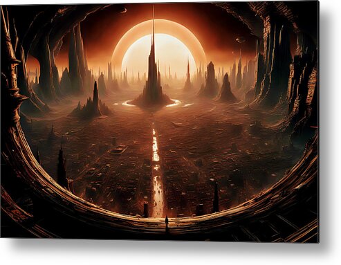 An Alien City Beneath A Vantablack Sun Metal Print featuring the digital art Black Hole Sun by Tricky Woo
