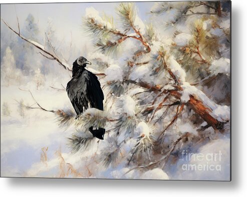Black Vulture Metal Print featuring the mixed media Black Vulture in Winter by Eva Lechner