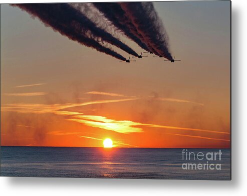 Blue Angels Metal Print featuring the photograph Blue Angels Flying Over The Sunset by Beachtown Views