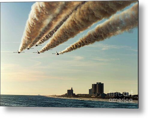 Blue Angels Metal Print featuring the photograph Blue Angels over Pensacola Beach, Florida Pier by Beachtown Views
