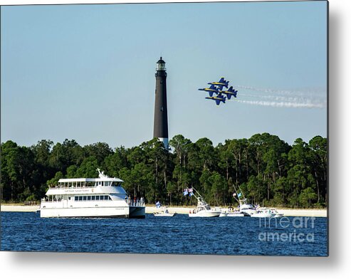 Blue Angels Metal Print featuring the photograph Blue Angels over Pensacola Lighthouse and Ferry by Beachtown Views