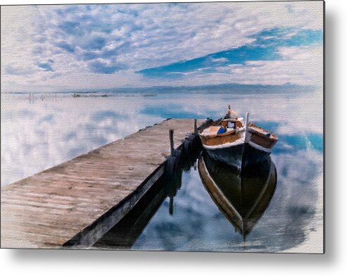 Wave Metal Print featuring the painting Boat And Sky Beach by Tony Rubino