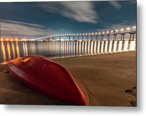  Metal Print featuring the photograph Boat under bridge lights by Local Snaps Photography