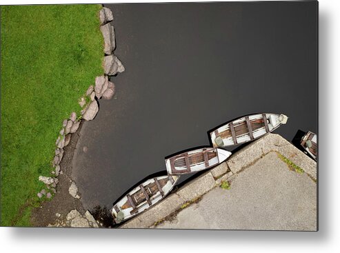 Minimal Metal Print featuring the photograph Drone aerial of Boats on the river in a lake by Michalakis Ppalis