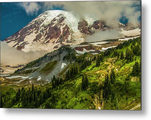 Mt Rainier Appearing From The Skyline Trail As The Fog Burns Away. Metal Print featuring the photograph Break on Through by Doug Scrima