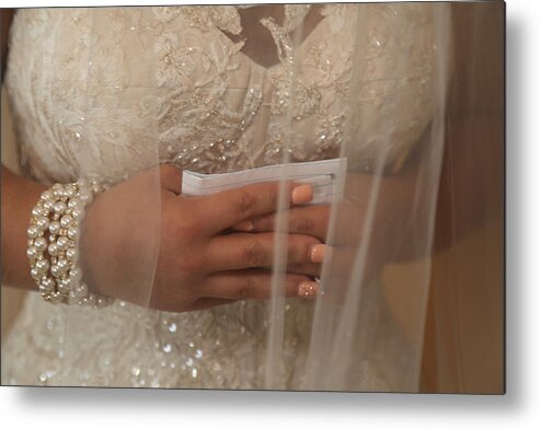 Wedding Vows Metal Print featuring the photograph Bride holding written vows, hands clasped by Holly Harris