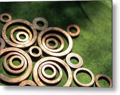 Washers Metal Print featuring the photograph Bronze Washers on Green Fabric by W Craig Photography