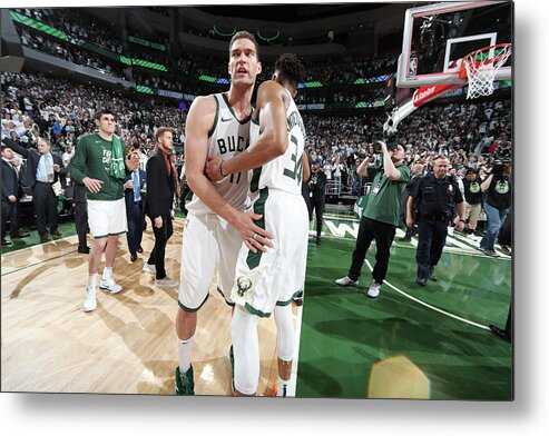 Playoffs Metal Print featuring the photograph Brook Lopez and Giannis Antetokounmpo by Nathaniel S. Butler