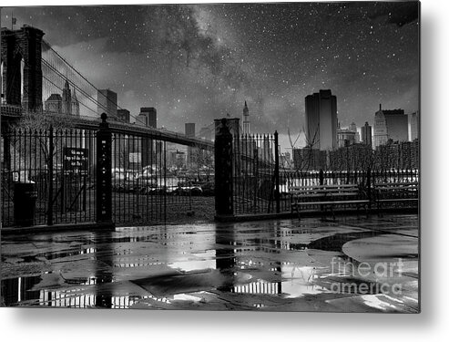 Nyc Metal Print featuring the photograph Brookly Bridge Rain Storm Galaxy Sky Digital BW by Chuck Kuhn