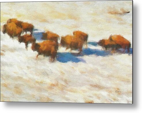 Buffalo Metal Print featuring the digital art Buffalo Herd in Snow by Russ Harris