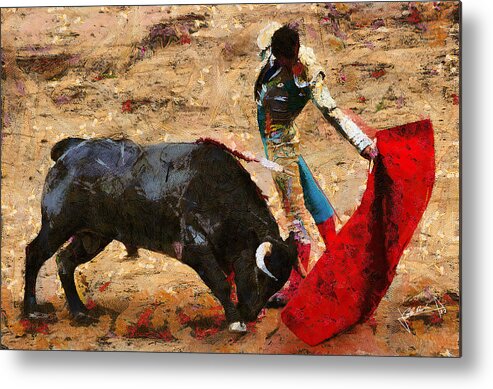 Bull Metal Print featuring the painting Bullfighting by Charlie Roman