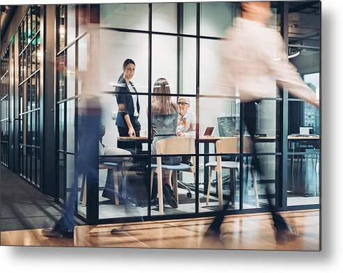People Metal Print featuring the photograph Business persons walking and working around the office building by Pixelfit