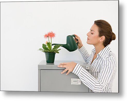 Office Metal Print featuring the photograph Businesswoman water a plant by Image Source