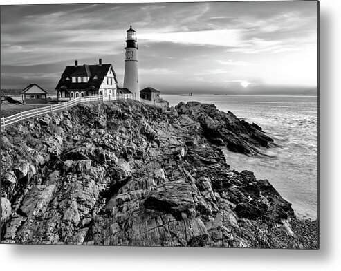 Portland Metal Print featuring the photograph Portland Head Lighthouse BW by Susan Candelario
