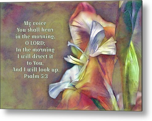 Flower Metal Print featuring the digital art Canna Flowers and Scripture by Gaby Ethington