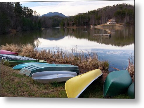 Colorful Canoes Photo Metal Print featuring the photograph Canoes at Mirror Lake NC by Bob Pardue