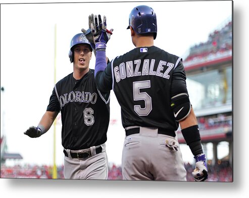 Great American Ball Park Metal Print featuring the photograph Carlos Gonzalez and Corey Dickerson by Jamie Sabau
