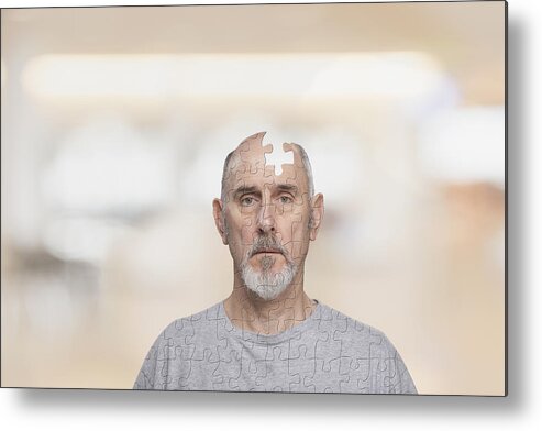 People Metal Print featuring the photograph Caucasian man missing puzzle piece from head by John M Lund Photography Inc