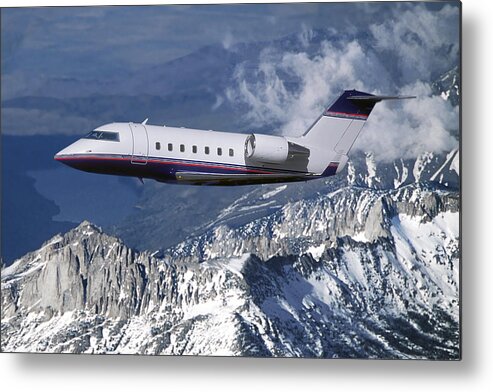 Challenger Business Jet Metal Print featuring the mixed media Challenger Corporate Jet over Snowcapped Mountains by Erik Simonsen