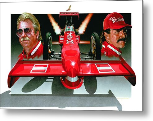 Drag Racing Nhra Top Fuel Funny Car John Force Kenny Youngblood Nitro Champion March Meet Images Image Race Track Fuel Alan Johnson Gary Scelzi Nostalgia Metal Print featuring the painting Champions Flight II by Kenny Youngblood