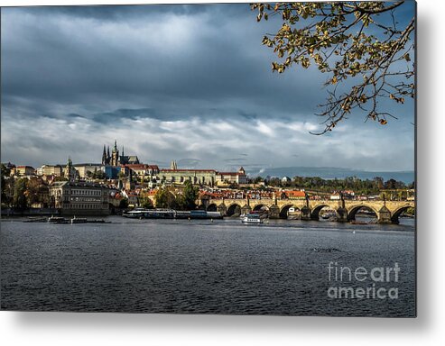 Prague Metal Print featuring the photograph Charles Bridge Over Moldova River And Hradcany Castle In Prague In The Czech Republic by Andreas Berthold