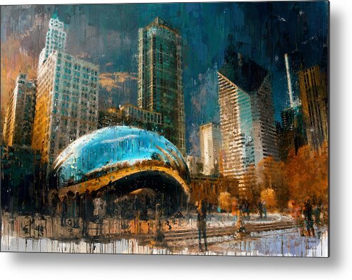 Chicago Metal Print featuring the painting Chicago Bean Sunset by Glenn Galen