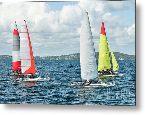 Csne62 Metal Print featuring the photograph Children Sailing small catamiran sailboats with colourul sails. by Geoff Childs