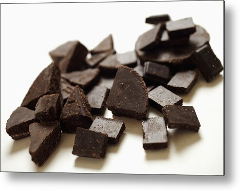 White Background Metal Print featuring the photograph Chocolate pieces, close-up by Jack Hollingsworth