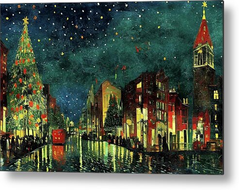 Christmas Metal Print featuring the digital art Christmas City Night by Ally White