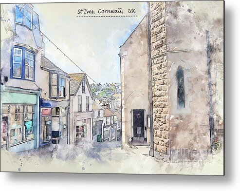 Outdoor Metal Print featuring the digital art city life of St Ives, Cornwall, UK, in sketch style by Ariadna De Raadt