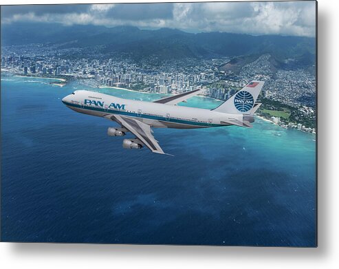 Pan American World Airways Metal Print featuring the mixed media Classic Pan Am Boeing 747 over Waikiki Beach Hawaii by Erik Simonsen