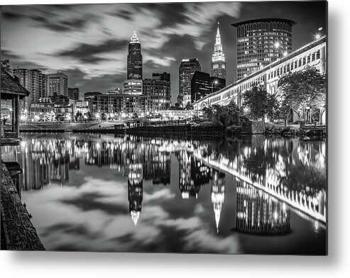 Cleveland Skyline Metal Print featuring the photograph Cleveland Ohio Riverfront Skyline At Dawn - Black and White by Gregory Ballos