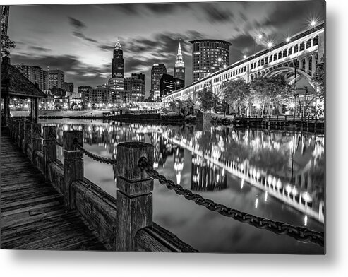 America Metal Print featuring the photograph Cleveland Skyline From The Riverfront - Black and White Edition by Gregory Ballos
