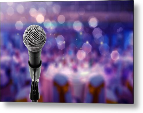 Event Metal Print featuring the photograph Close up microphone on stage in Ball room by Momnoi