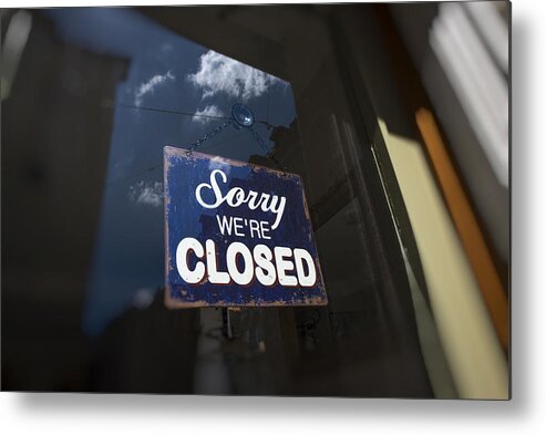 Outdoors Metal Print featuring the photograph Closed sign on the front door of a shop by Thomas Winz
