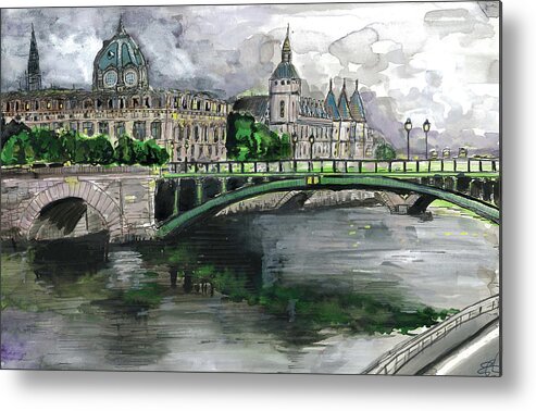 Paris Ink Painting Metal Print featuring the painting Cloudy Day in Paris by Eileen Backman